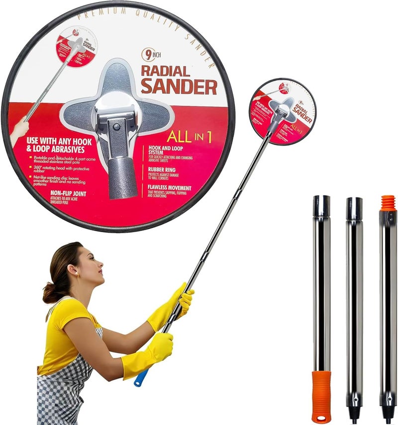 SACKORANGE 9 Inch Radial Hand Drywall Sander with 3 PCS Pole (4 Ft Long)-Premium Wall Cleaning and Polishing Tool with Hook and Loop System–A Unique Metal Pivoting Hinge Drywall Sander - Image 1